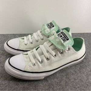 Converse Double Tongue White Low Tops With Mint Green Floral Accents Size 5
